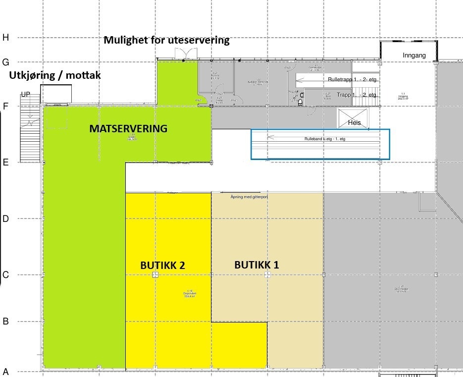 Tenkt løsning - butikk 1 håper vi at vil åpne medio 2026 - butikk 2 og arealet tenkt for matservering er for øyeblikket ledig. Butikkareal er ca 200kvm, matservering ca. 300kvm Galleribilde