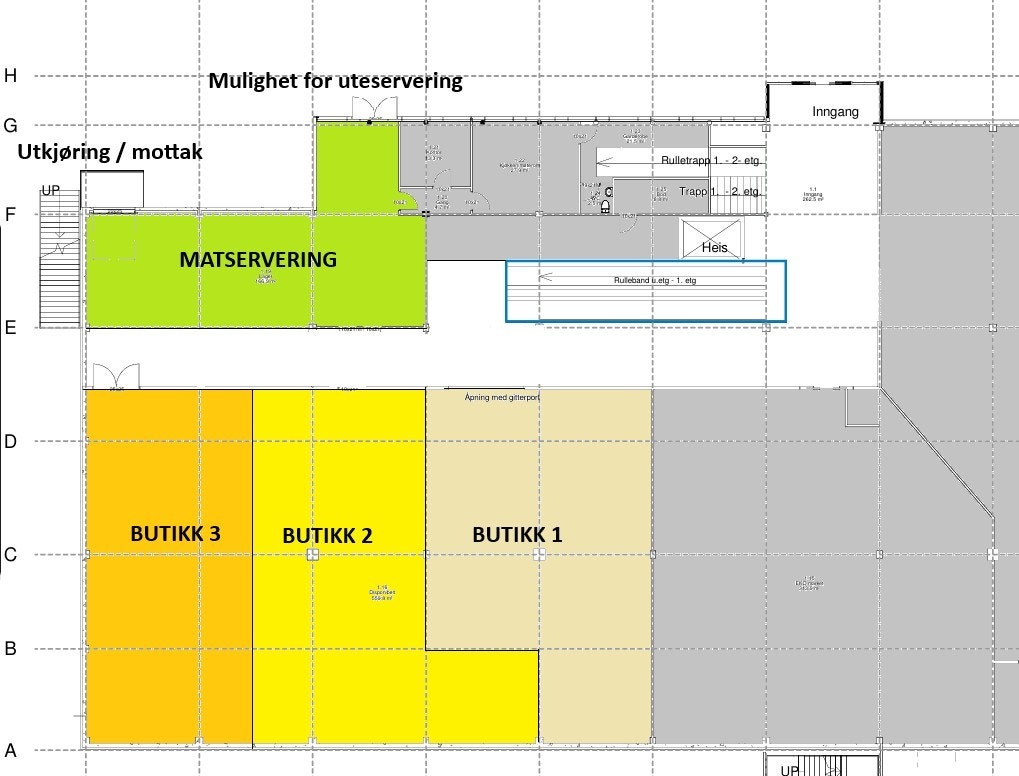 Løsning med mindre butikker og mindre matserveringsareal. Matserveringsarealet er ca. 130kvm, butikk 3 ca 150, og butikk 2 ca. 180kvm Galleribilde
