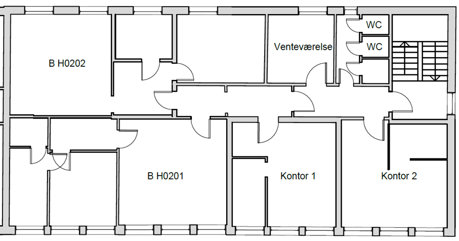 Plantegning over arealene som kan disponeres.
Kontor 1, 2 og Venteværelse Galleribilde