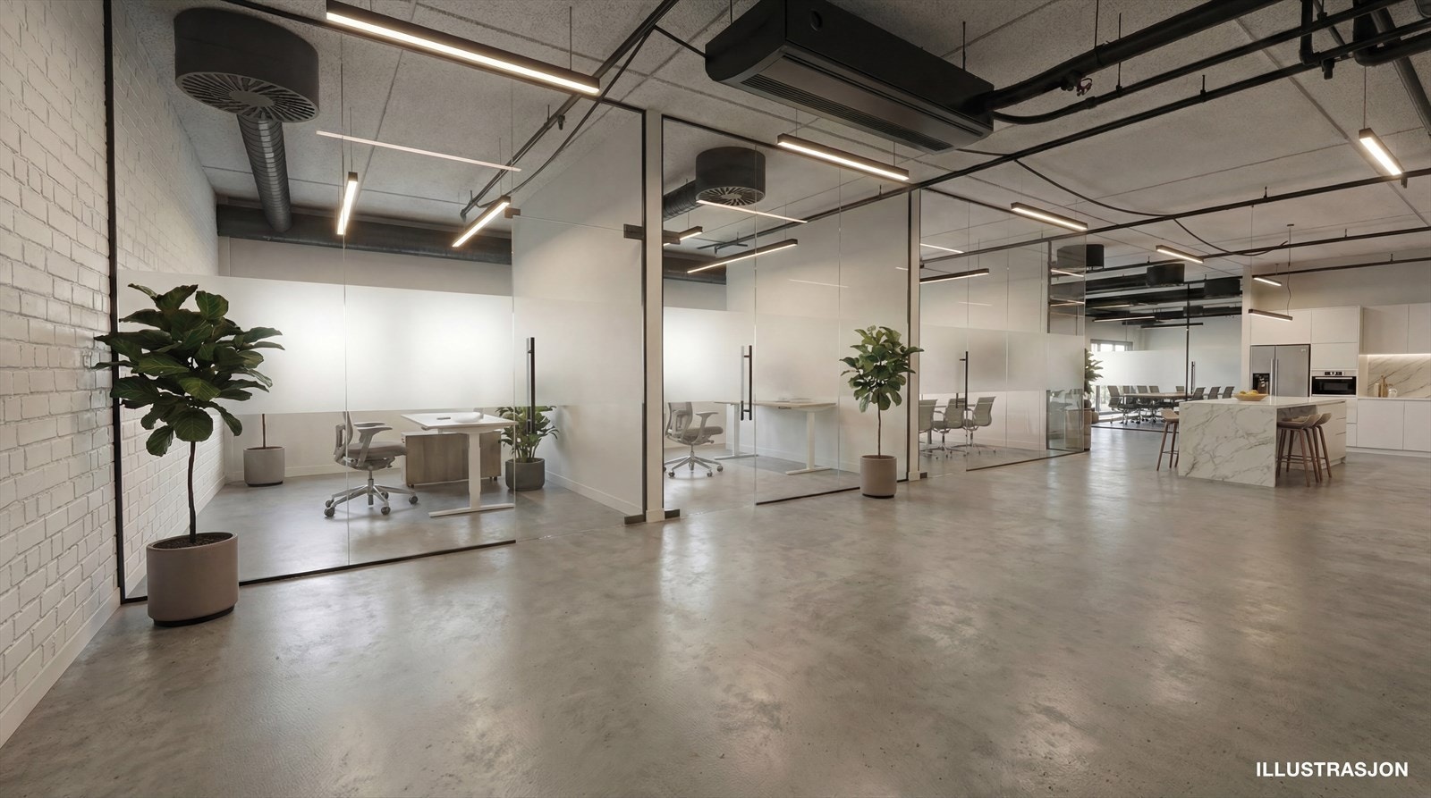 Digital renovering - bildene er laget som illustrasjon av det faktiske arealet og lokalet. Lokalet er i dag tomt og kan skreddersys. Galleribilde