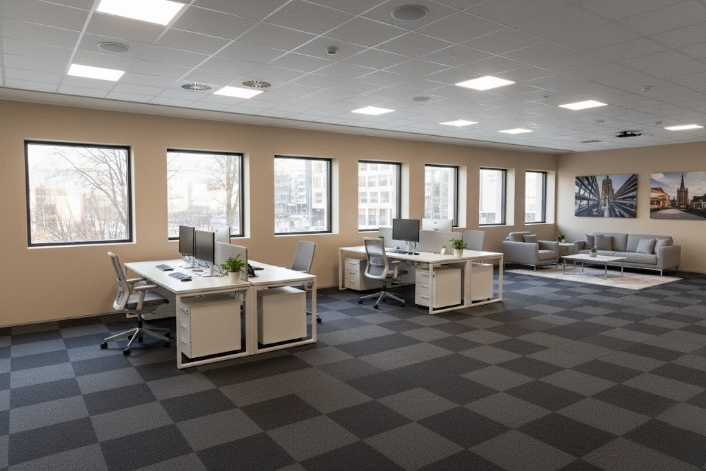 Bildet er AI-generert og ment som en illustrasjon på hvordan lokalet kan utformes med åpent landskap eller cellekontor. Endelig løsning kan avvike. Galleribilde
