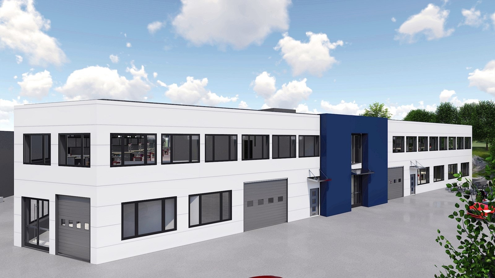 Nytt kombinasjonsbygg til handel, produksjon, verksted, lager, kontor mm BTA ca. 4 262 m² fordelt over 3 etasjer.