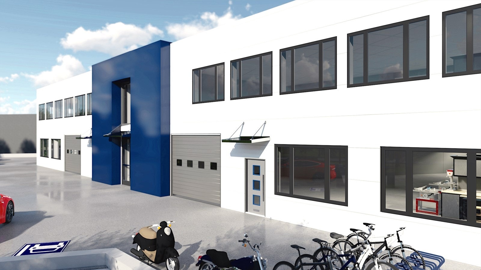 Nytt kombinasjonsbygg til handel, produksjon, verksted, lager, kontor mm BTA ca. 4 262 m² fordelt over 3 etasjer.