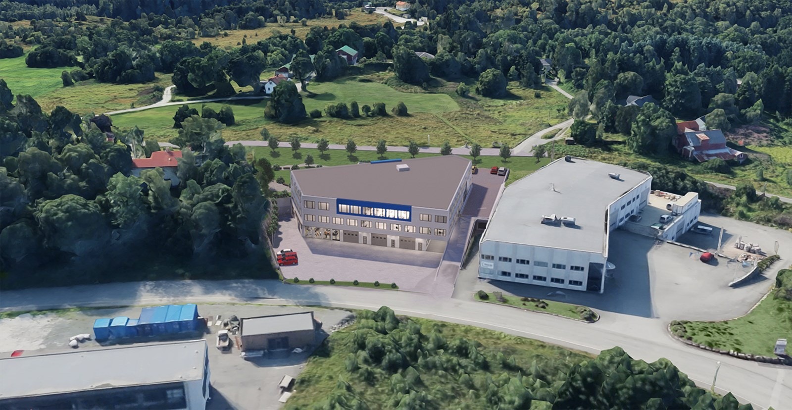 Nytt kombinasjonsbygg til handel, produksjon, verksted, lager, kontor mm BTA ca. 4 262 m² fordelt over 3 etasjer.