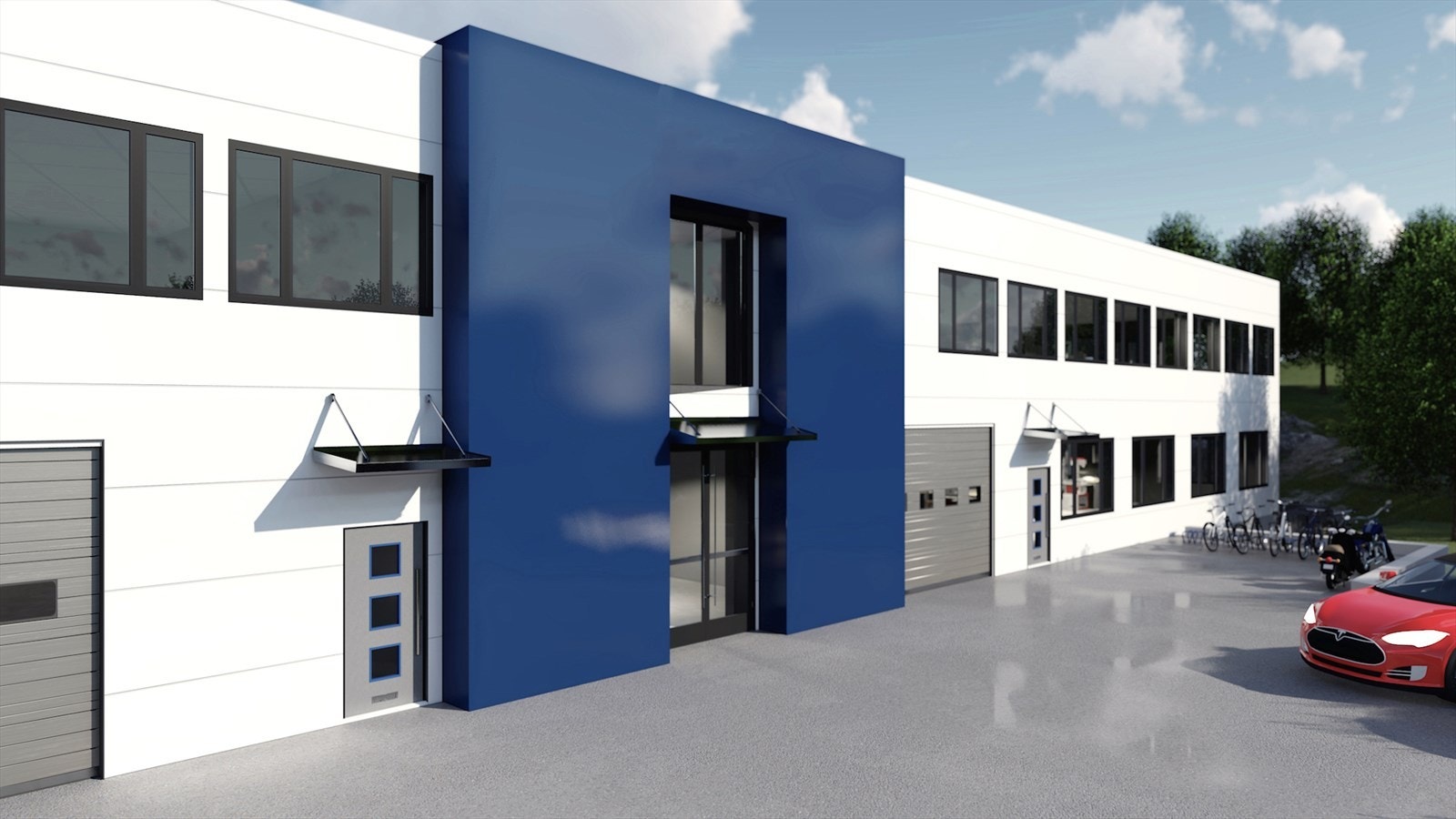 Nytt kombinasjonsbygg til handel, produksjon, verksted, lager, kontor mm BTA ca. 4 262 m² fordelt over 3 etasjer.