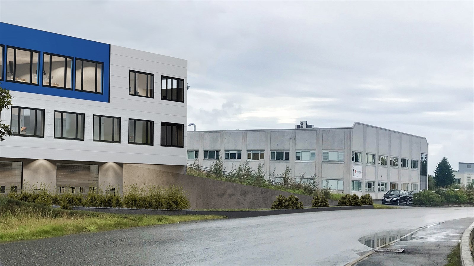 Nytt kombinasjonsbygg til handel, produksjon, verksted, lager, kontor mm BTA ca. 4 262 m² fordelt over 3 etasjer.