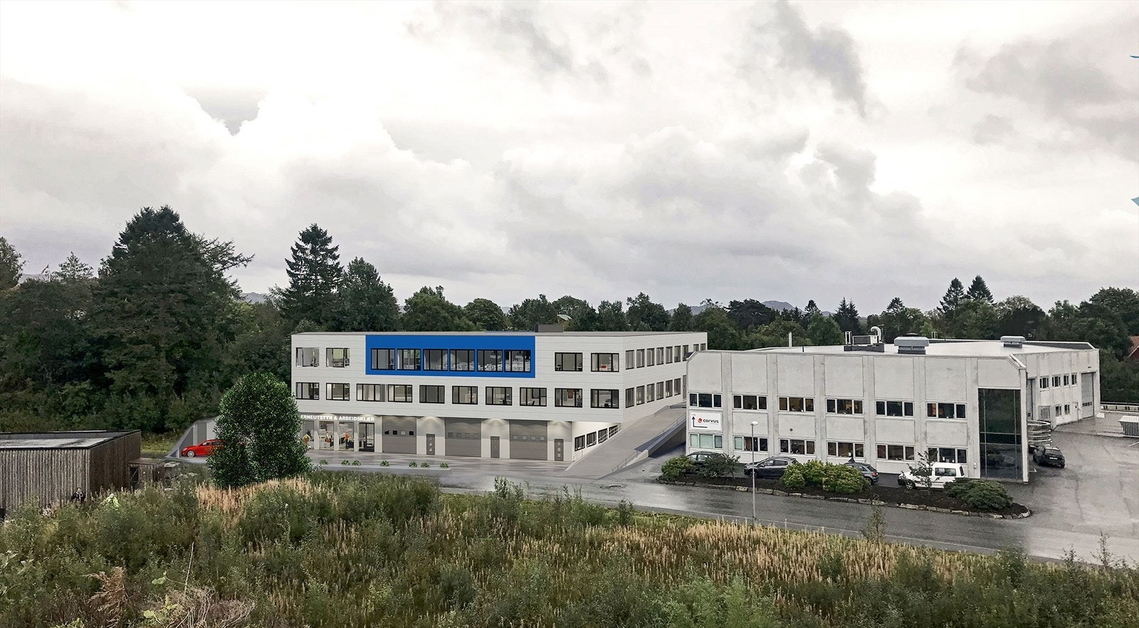 Nytt kombinasjonsbygg til handel, produksjon, verksted, lager, kontor mm BTA ca. 4 262 m² fordelt over 3 etasjer.