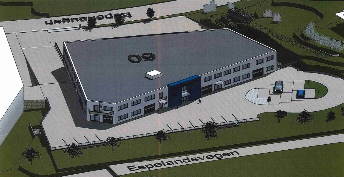 Nytt kombinasjonsbygg til handel, produksjon, verksted, lager, kontor mm BTA ca. 4 262 m² fordelt over 3 etasjer.