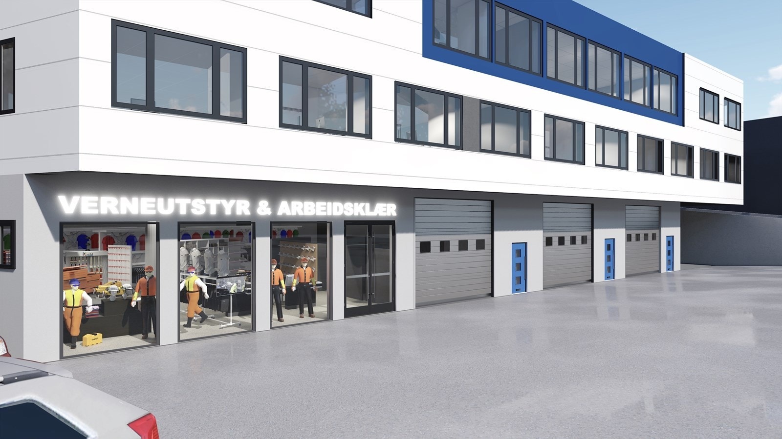 Nytt kombinasjonsbygg til handel, produksjon, verksted, lager, kontor mm BTA ca. 4 262 m² fordelt over 3 etasjer.