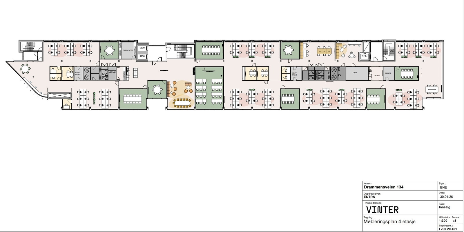 4.etg er 2329 m2 og kan ved viste møbleringsplan romme 116 faste arbeidsplasser med tilhørende støtterom og møterom. Galleribilde