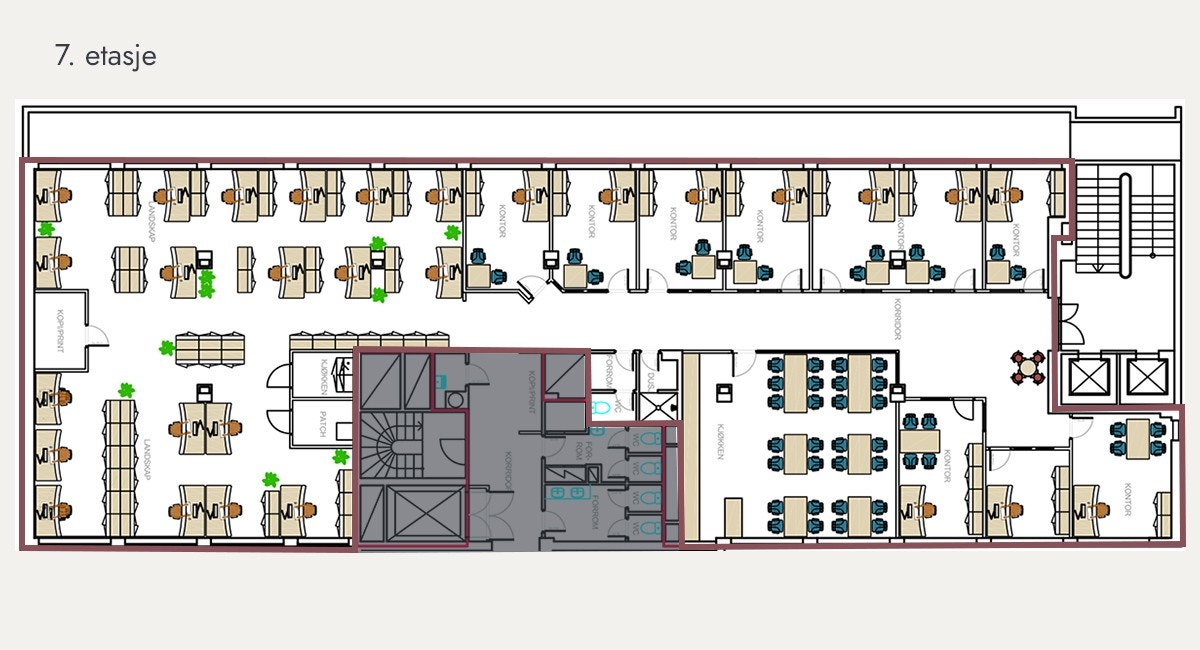 Layoutforslag som viser kombinert løsning landskap/cellekontor/teamkontor for 29 arbeidsplasser Galleribilde