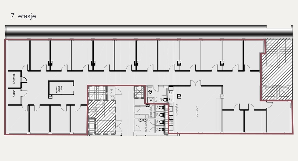 Plantegning av eksisterende løsning med cellekontorer (det tas forbehold om evt. avvik) Galleribilde