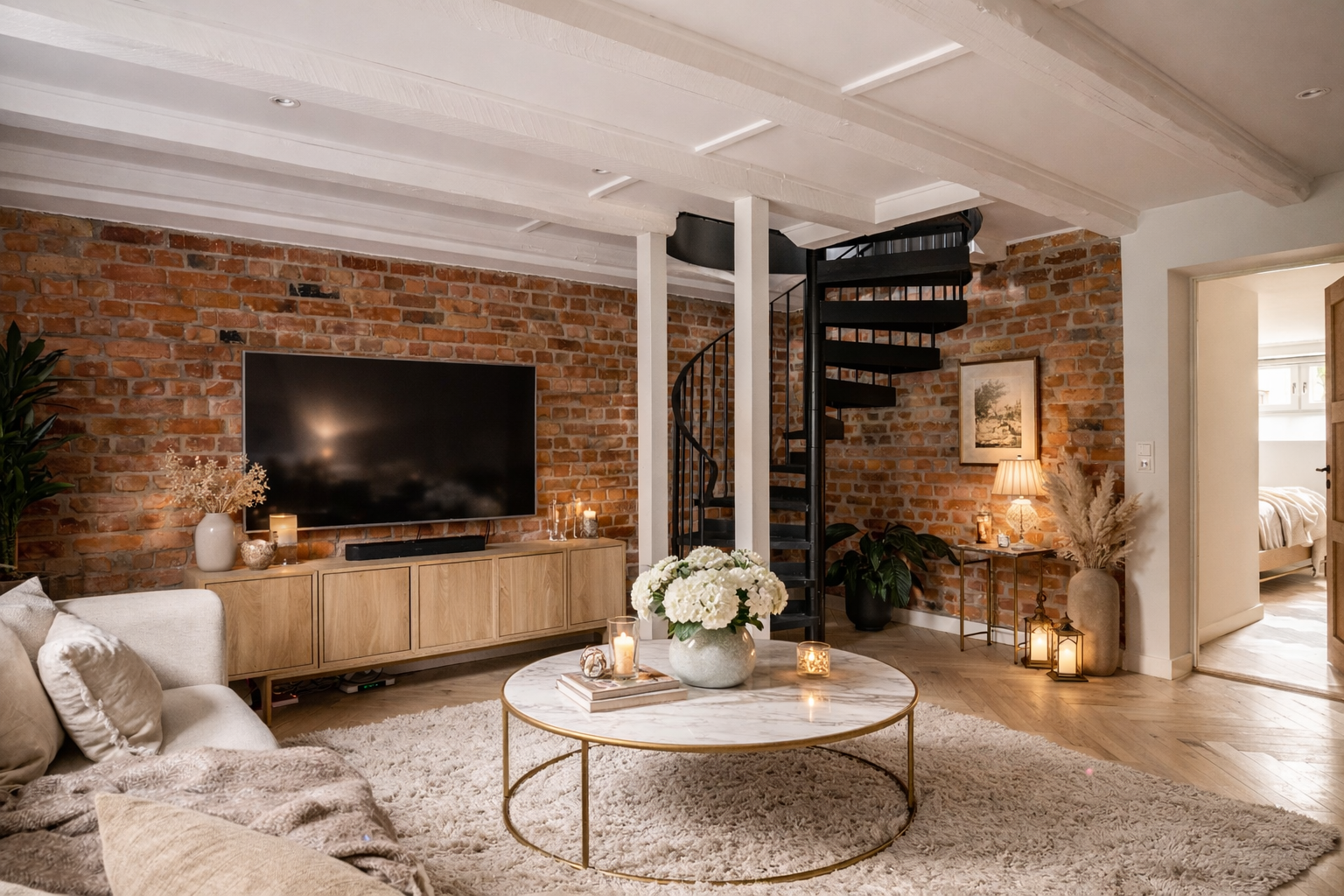 Teglsteinsvegg gir rommet særpreg og karakter, mens lysmalte vegger og fiskebensparkett med gulvvarme gir en lun og gjennomført stil. Rommet er digitalt møblert. Galleribilde