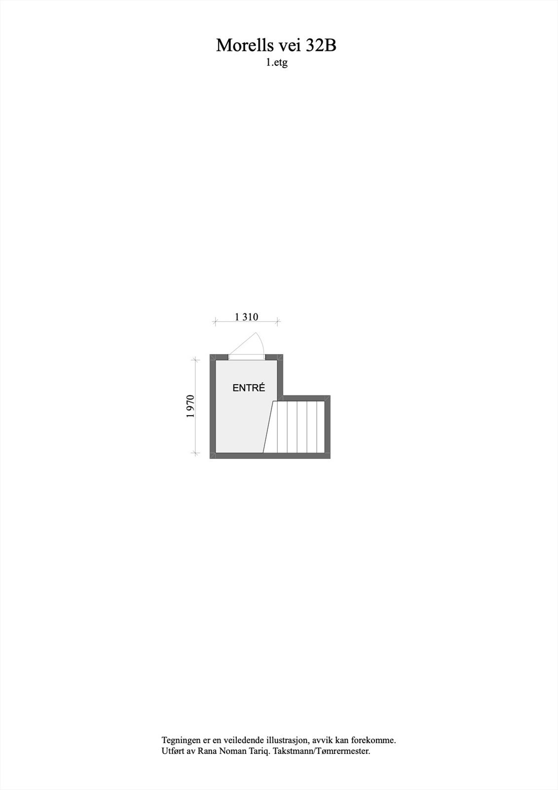 Plantegning for 1. etasje, som består av entré og trapp opp til hoveddelen. Galleribilde