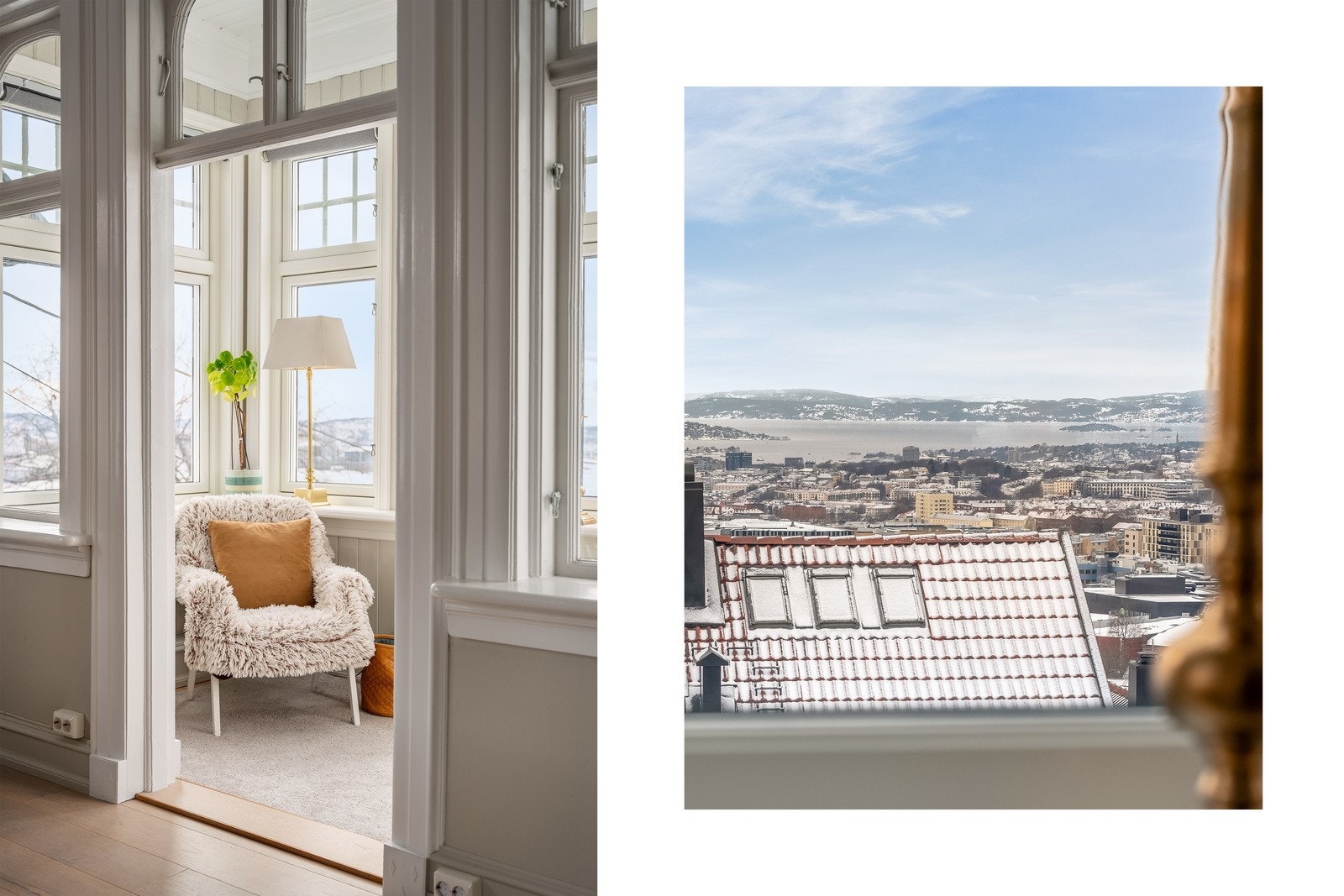 Kombinasjonen av klassiske detaljer og den flotte utsikten preger hele boligen. Galleribilde