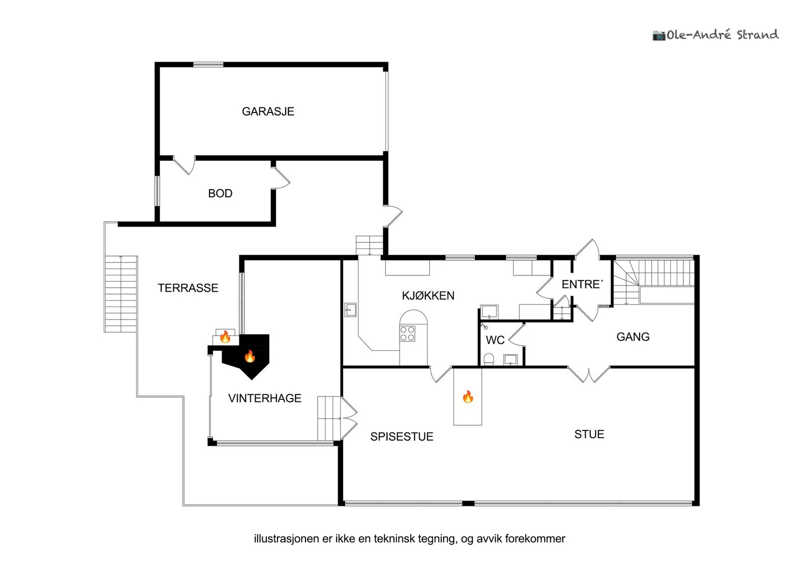 Planskisse for hovedetasjen | Etasjen har et areal på 123 m² + garasje på 20 m² og bod på 7 m² Galleribilde