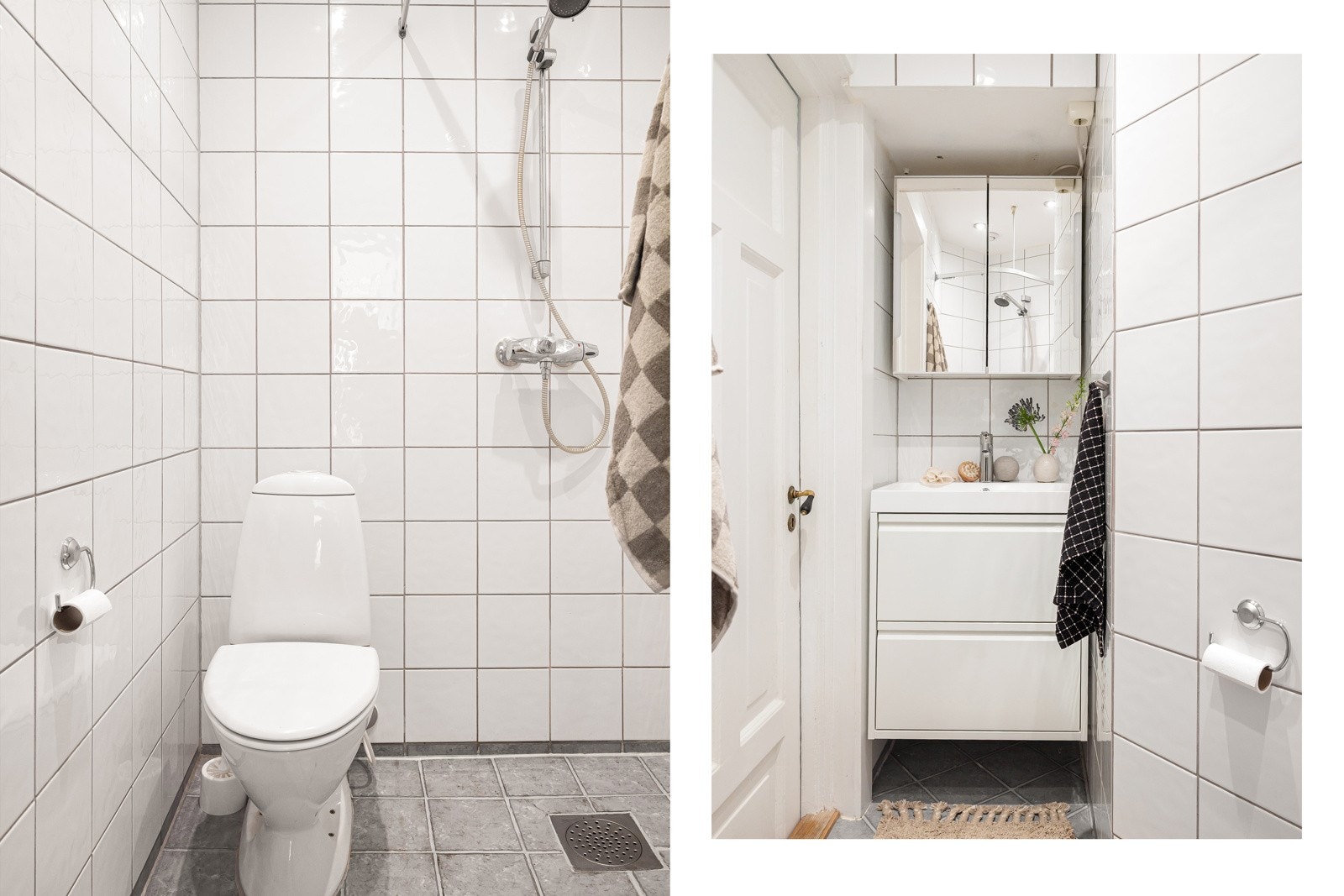 Flislagt bad fra 2003 med varmekabler i gulv. Badet inneholder toalett, dusjhjørne med oppheng for dusjforheng og servantskap. Galleribilde