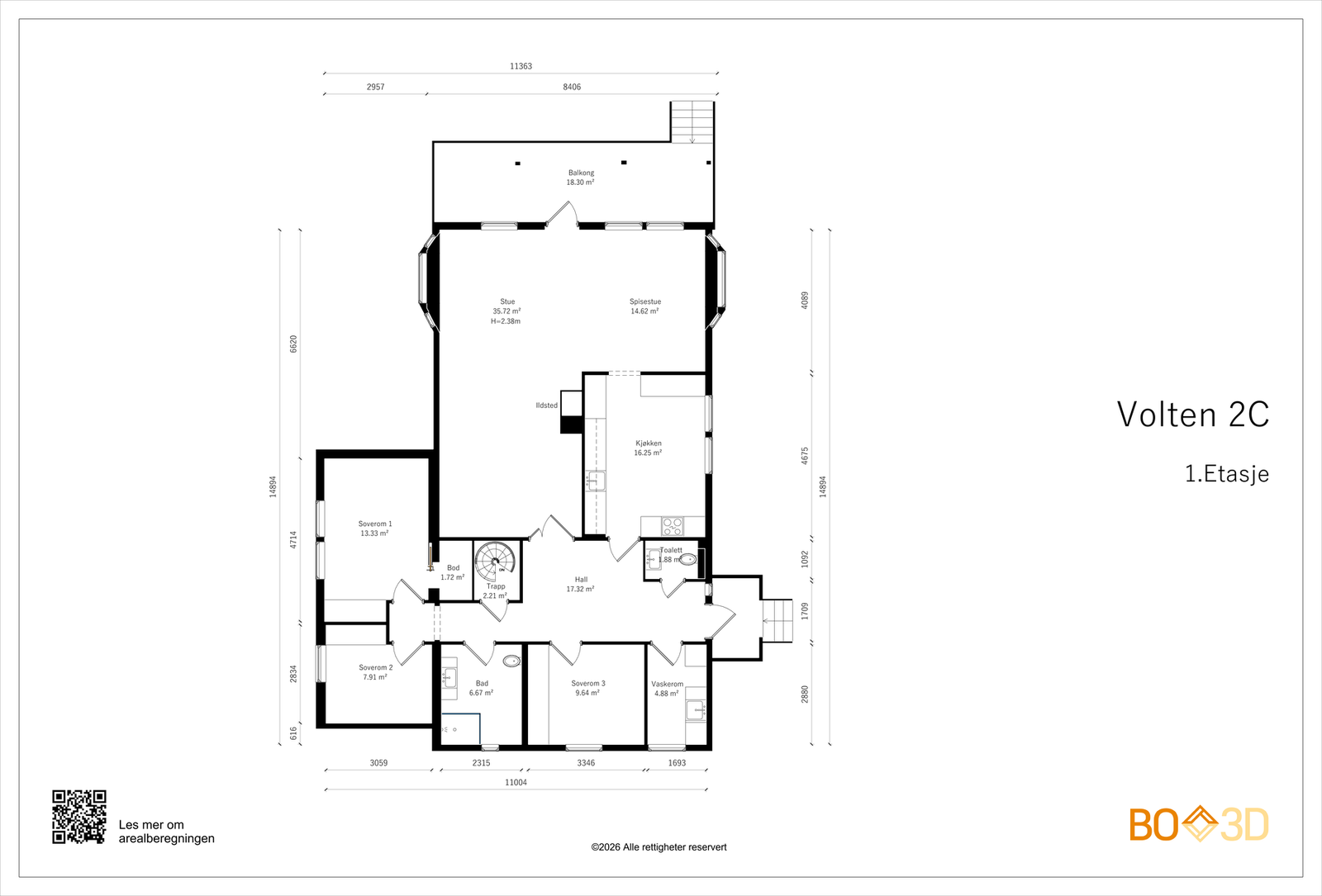 Planskisse 1.etasje, BRA-i: 140 kvm bestående av entré, hall, stue/spisestue, kjøkken, tre soverom, bad, separat wc, vaskerom og trapperom. Galleribilde