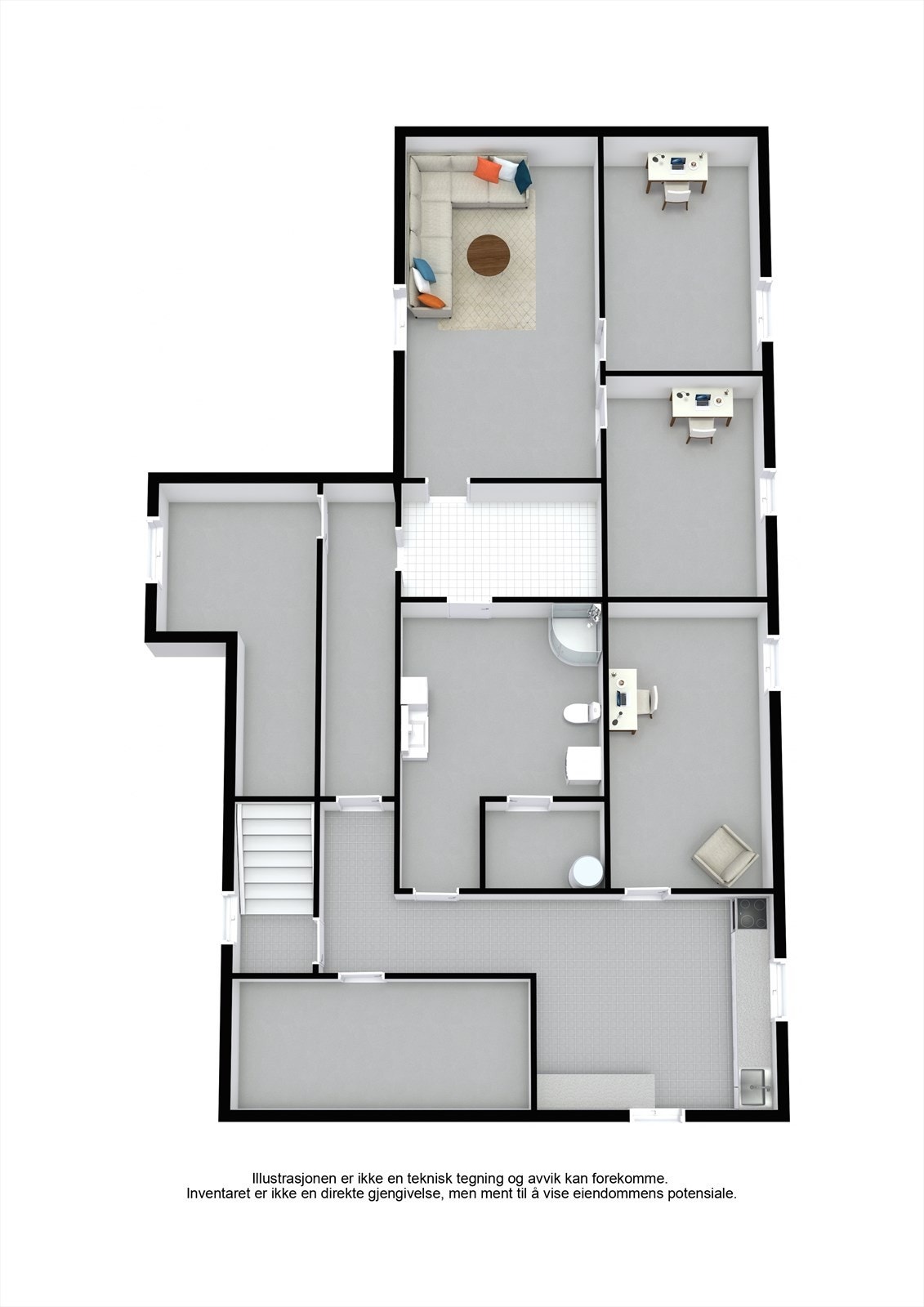 Illustrasjonen er ikke en teknisk tegning og avvik kan forekomme. Inventaret er ikke en direkte gjengivelse, men ment til å vise eiendommens potensiale. Galleribilde