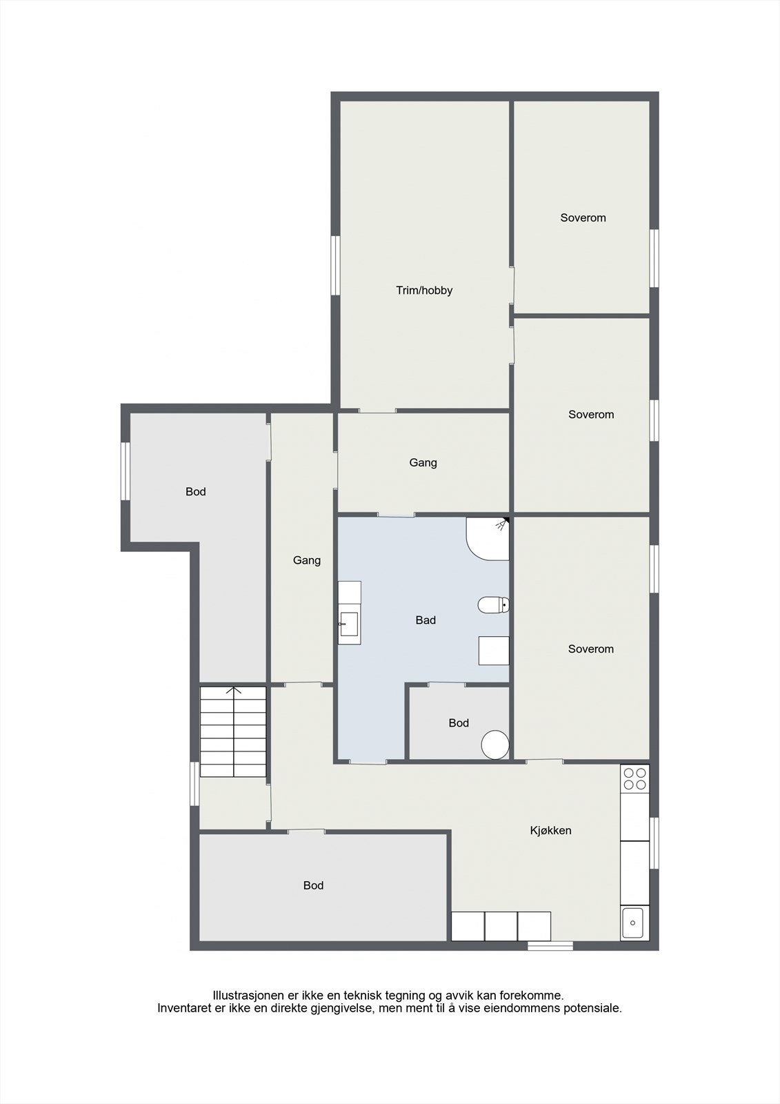 Kjelleretasjen er innredet med kjøkken, bad og tre soverom. Kan benyttes som hybel Galleribilde