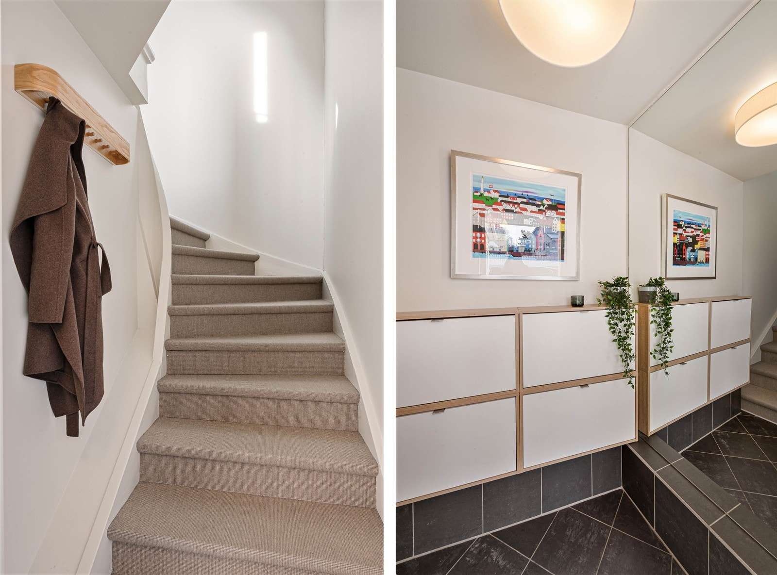 Innbydende og hyggelig entré i 1. etasje med flislagt gulv med varmekabler Galleribilde