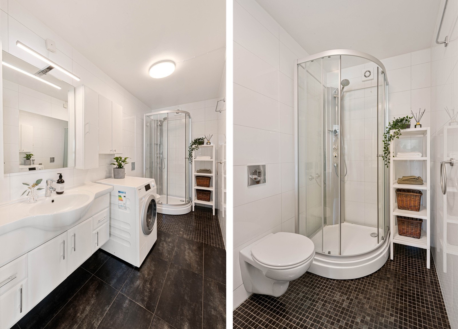 Pent og romslig bad med flislagt gulv med varmekabler og opplegg for vaskemaskin Galleribilde