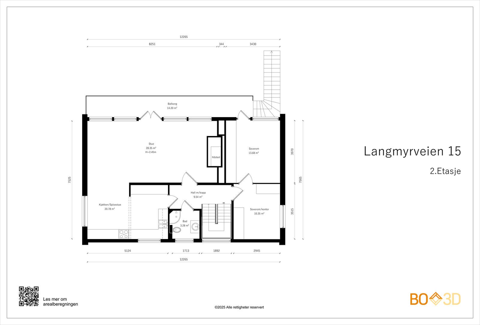 Planskisse for 2.etasje som består av en romslig vinkelstue/spisestue med peis og utgang til balkong på 14,2 kvm og trapp til hagen, kjøkken, bad, hall og 2 soverom (ett er byggemeldt som garderoberom). Galleribilde