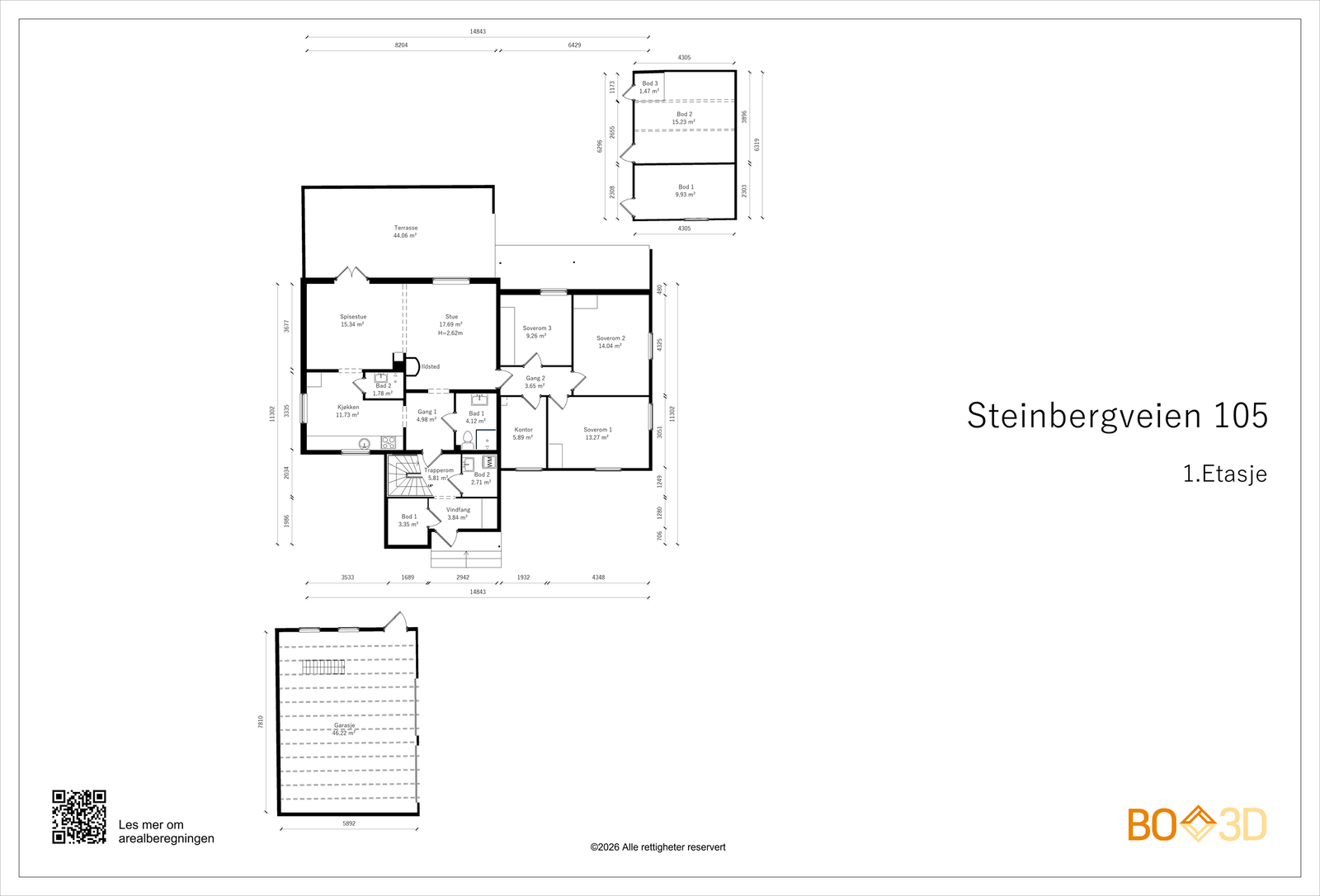 Plantegning viser huset, garasjen og et uthus i hagen (enkel standard på uthuset, men brukes som lagring) Galleribilde