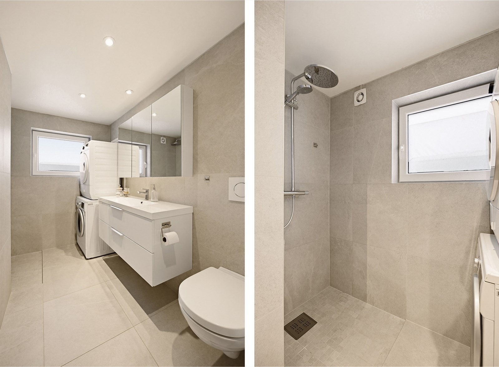 Flislagt bad med moderne baderomsinnredning, inkludert benkeskap med glatte fronter og veggskap med speilfronter. Vegghengt toalett, dusj på gulv, servant og opplegg for vaskemaskin gjør rommet praktisk og funksjonelt. Galleribilde