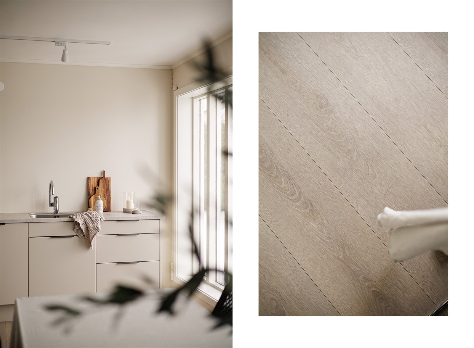 Laminatgulv i kjøkken og spiseområde gir et helhetlig og praktisk gulvvalg med slitesterk overflate. Galleribilde