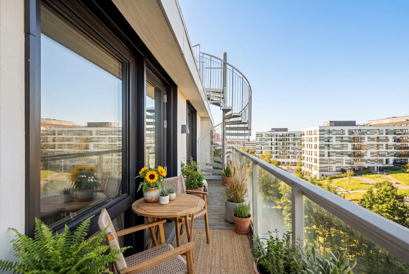 Digitalt stylet bilde av balkongen. Merk at det kan forekomme fargeforskjeller på gulvet. Galleribilde