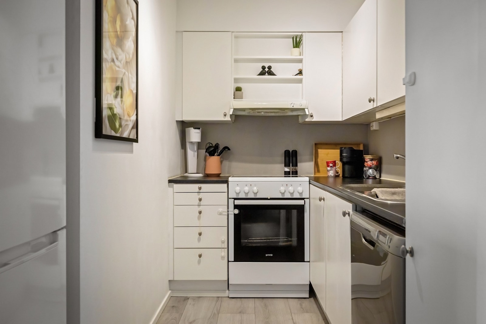 Hvitevarer som stekeovn med ventilator over, kjøleskap og oppvaskmaskin er plassert i nisjer Galleribilde