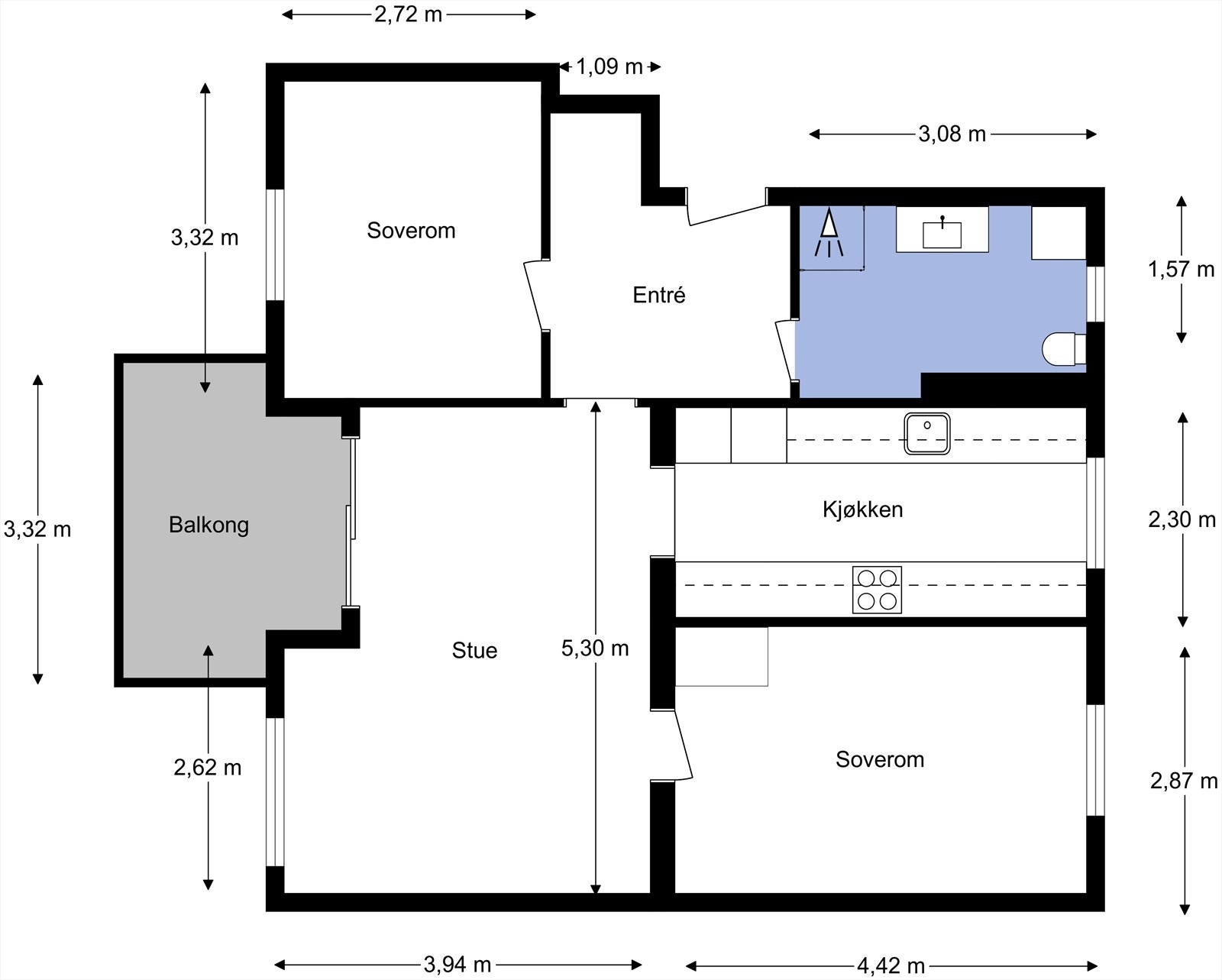 Leiligheten inneholder stue, kjøkken, bad, to soverom, balkong og entré. I tillegg disponerer leiligheten to kjellerboder og en loftsbod. Galleribilde