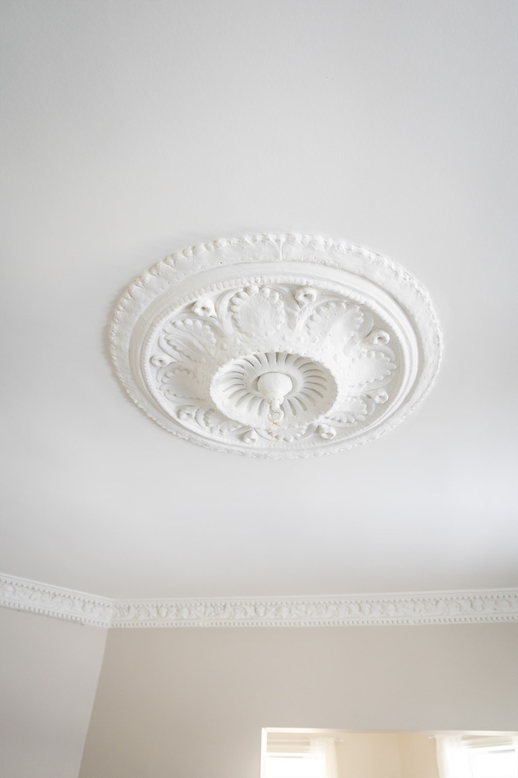 Rommet er preget med flotte klassiske detaljer som rosett og stukkatur. Galleribilde