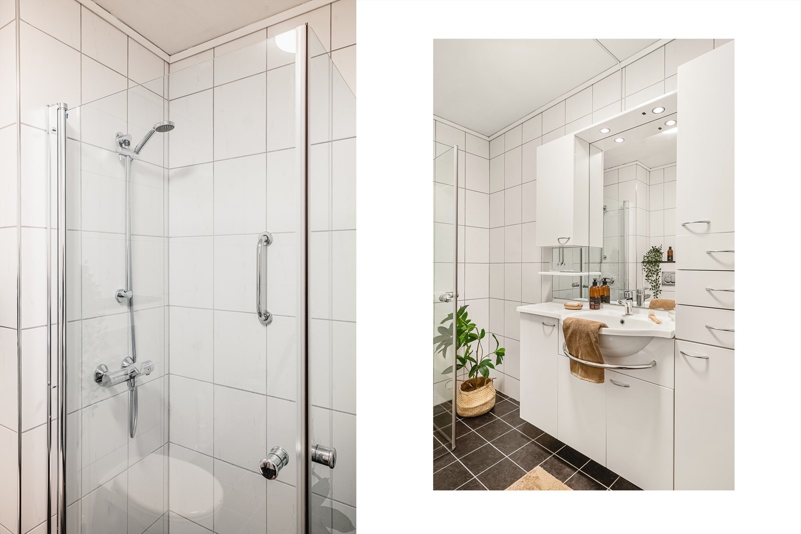 Leilighetens baderom er helfliset med varmekabler i gulv. Galleribilde