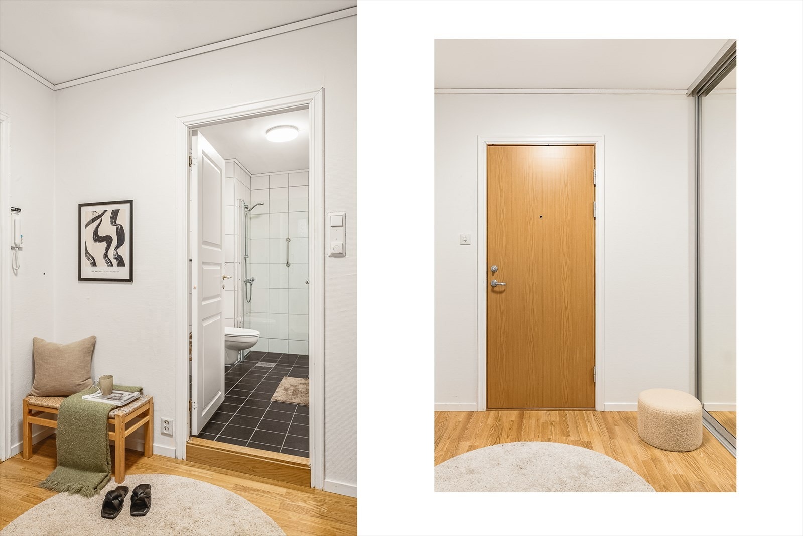 Velkommen inn! Allerede i inngangspartiet får man inntrykk av leilighetens luftig planløsning. Galleribilde