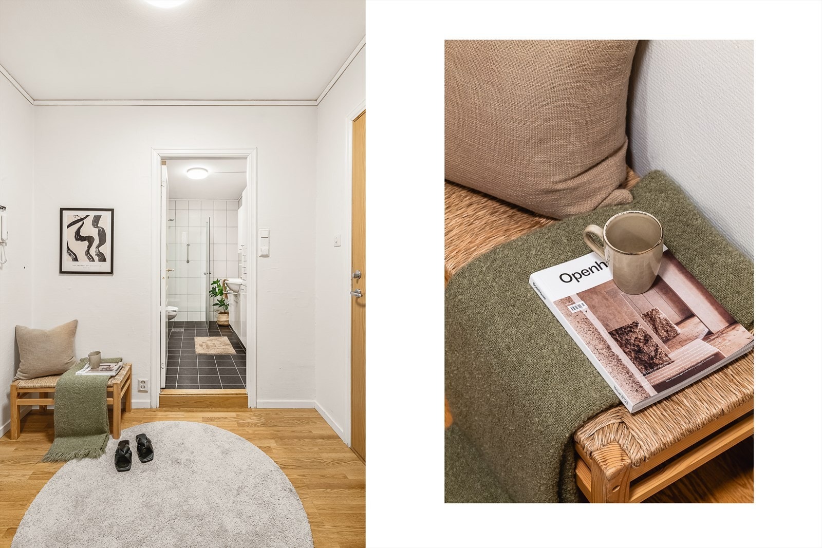 Gangen er utstyrt med en romslig skyvedørsgarderobe med speilfronter. Porttelefon med døråpner slipper enkelt gjestene inn. Galleribilde