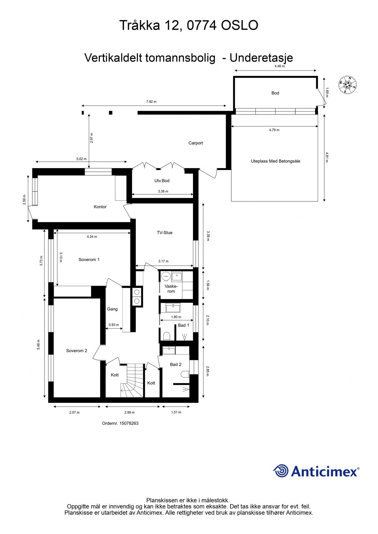 Plantegning underetasje. Soverommet kan med enkle grep gjøres om til 2 soverom. I opprinnelige bygningstegninger er rommet delt i 2 soverom. Galleribilde