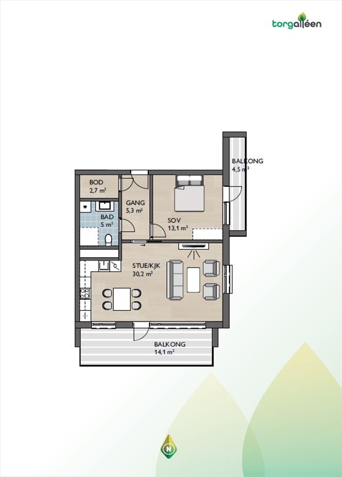 Vedlagte plantegning er ikke målbare. De oppgitte arealer er hentet fra prospektet Torgallèen. Arealene er ikke kontrollmålt og avvik kan forekomme. Kjøper kan ikke rette klage til selger med arealavvik som grunn. Galleribilde