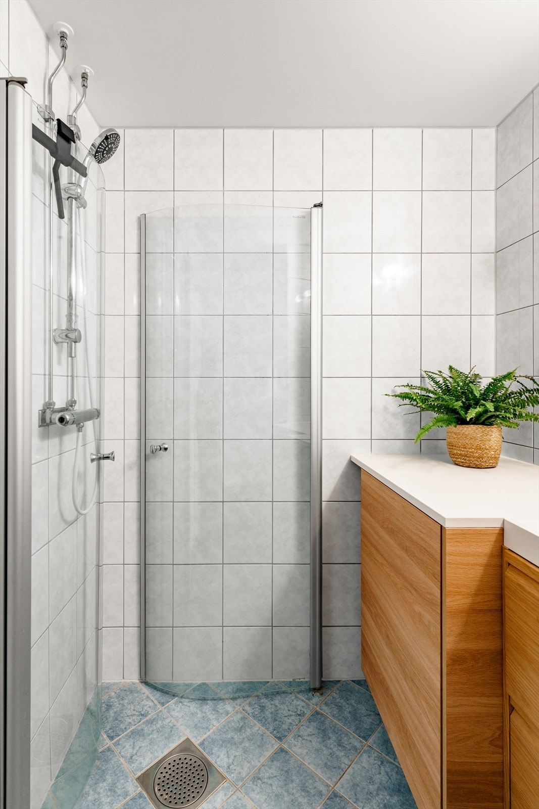 Dusjhjørne med innfellbare vegger og opplegg for vaskemaskin. Galleribilde