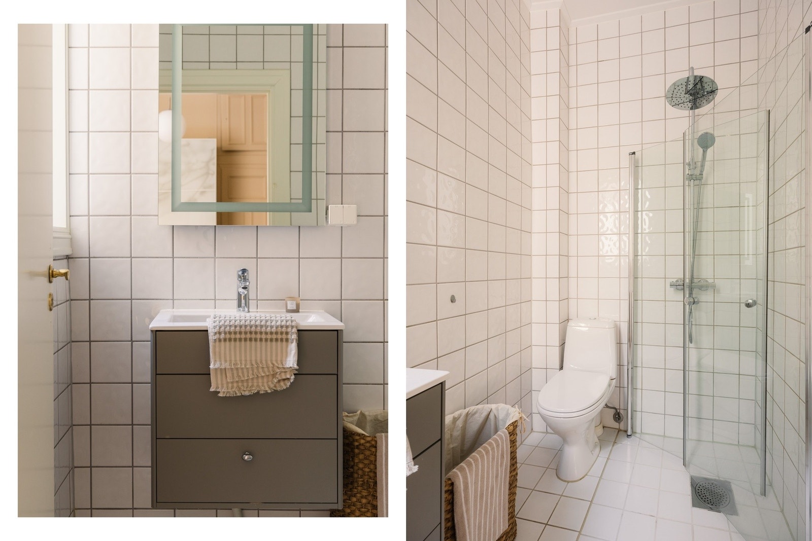 Pent flislagt baderom med varmekabler. Dusjnisje med waterfall- og hånddusj. Galleribilde