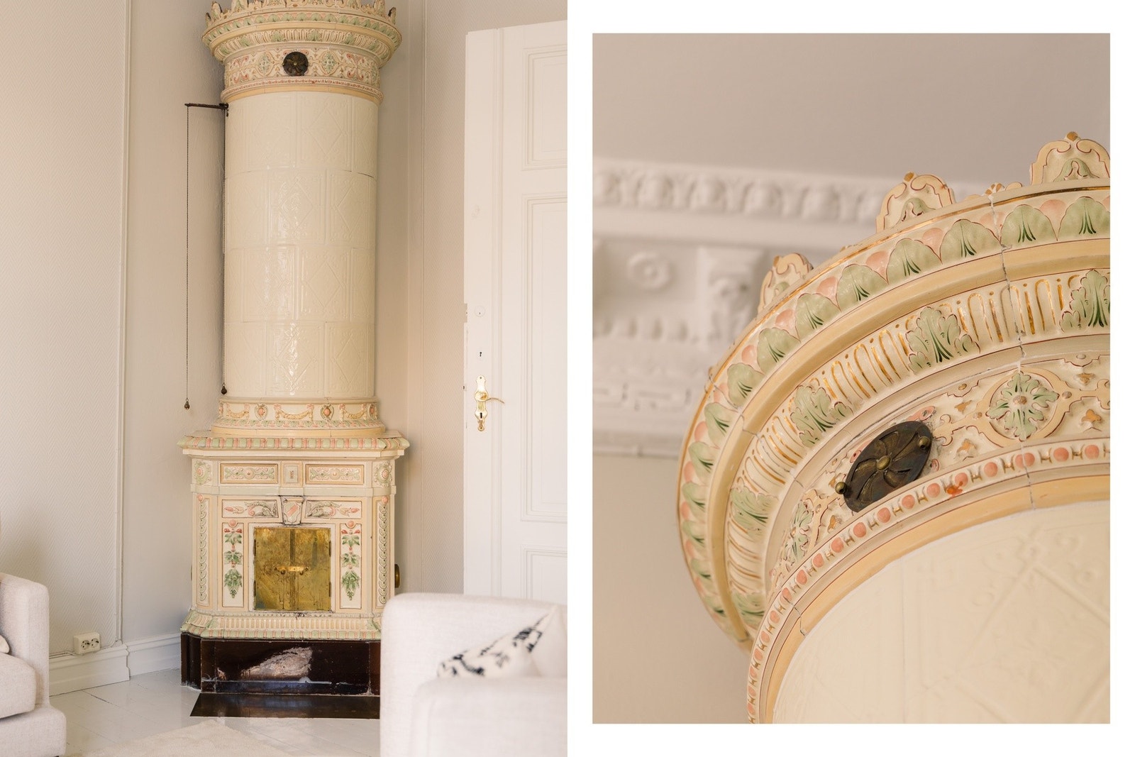 Vakker kakkelovn i stue. Kakkelovnen er rehabilitert i 2010/2011 Galleribilde