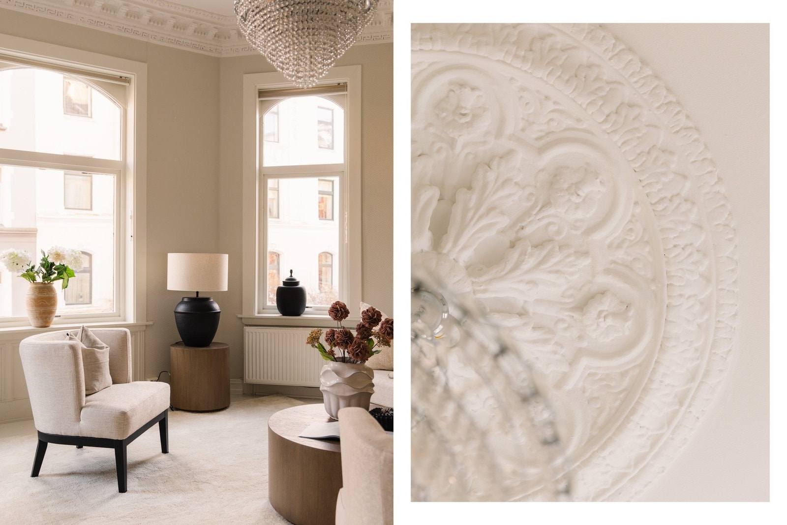 Vakre, klassiske detaljer som stukkatur og rosett. Galleribilde