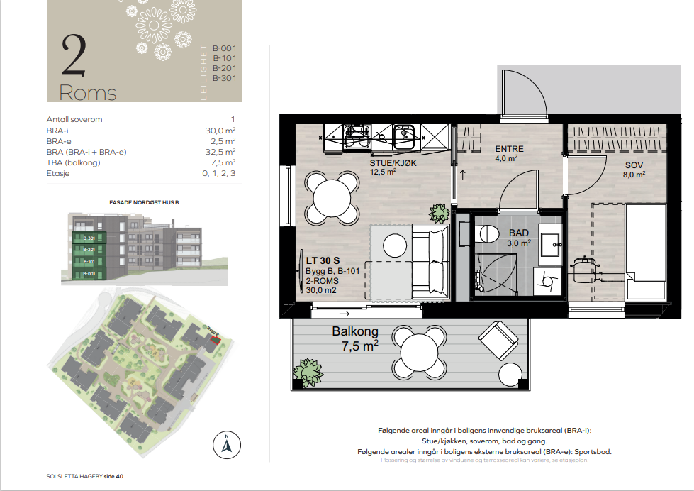 Planskisse B-101. En god planløsning hvor kvadratmeterne utnyttes godt. Romslig gang med plass til garderobe, flislagt baderom, flott soverom og åpen stue- kjøkkenløsning med utgang til terrasse Galleribilde