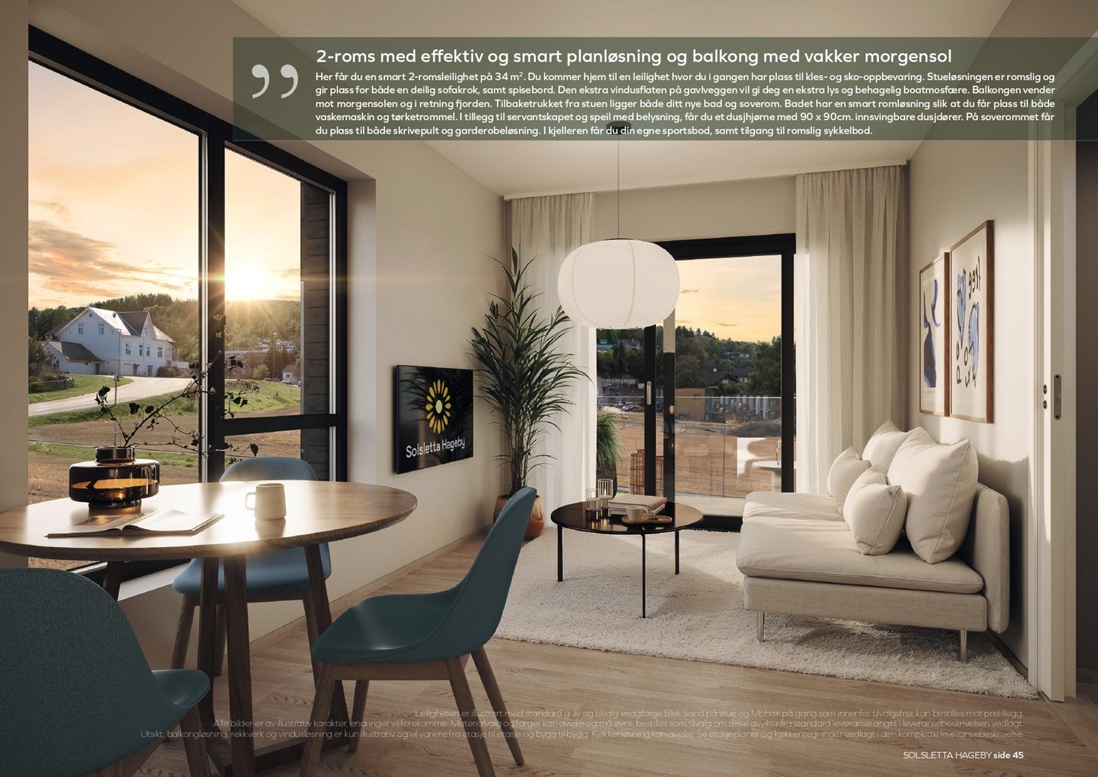 Balkongen blir på ca. 7,5m² og er en fin forlengelse av stuen på sommerstid. Illustrasjon for prosjektet - tekstboks tilhører annen leilighet Galleribilde