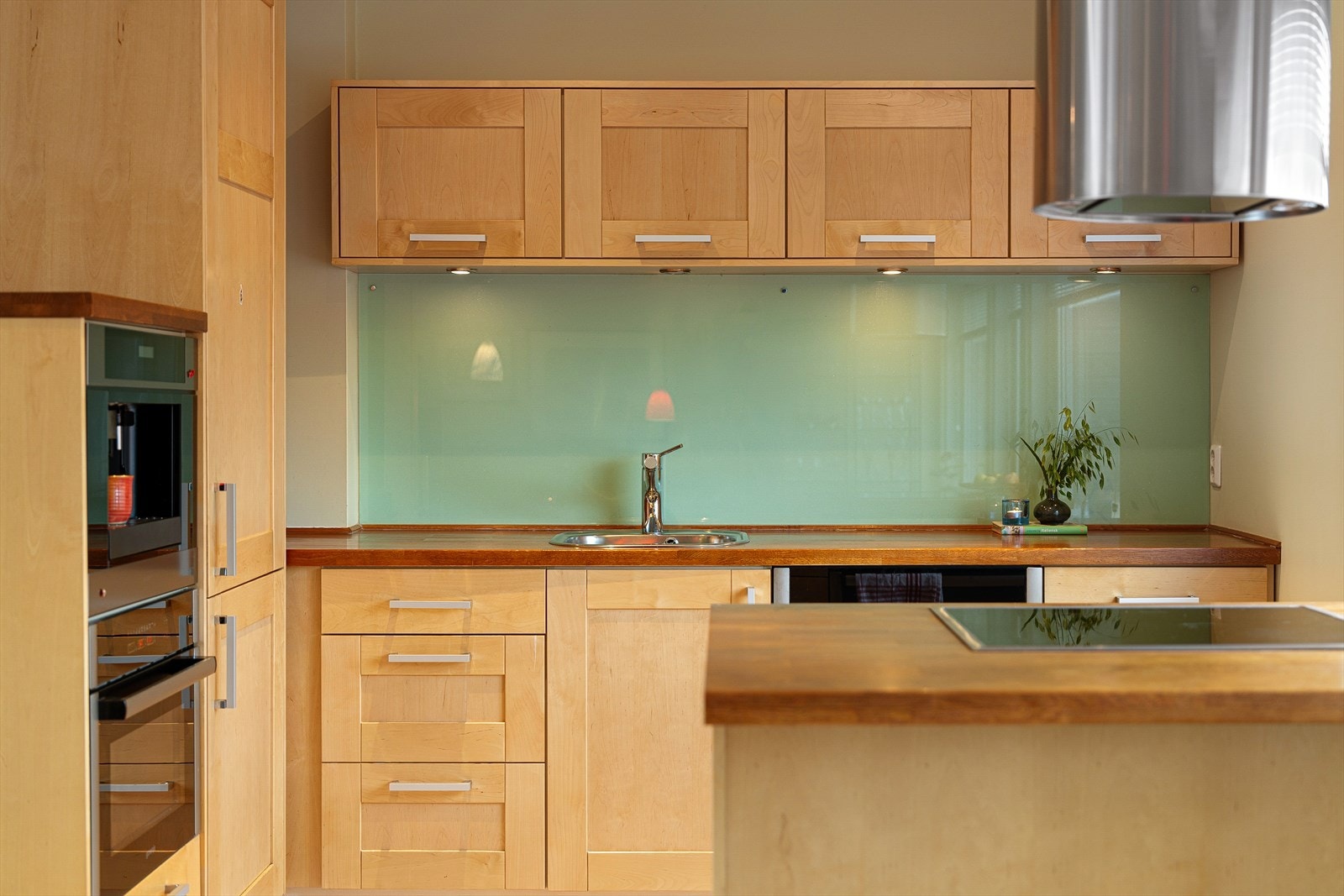 Integrerte hvitevarer som komfyr, mikrobølgeovn, kaffemaskin,
kjøl/fryseskap og oppvaskmaskin medfølger i handelen. Galleribilde