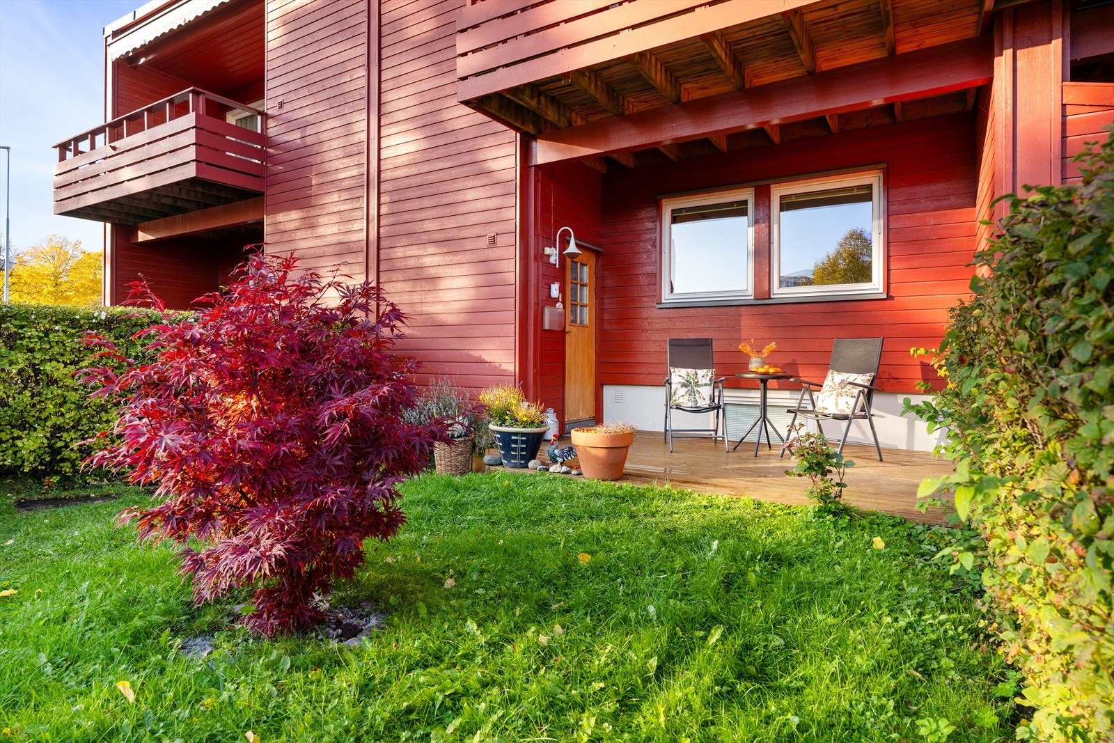 Markterrasse og planareal ved inngangsparti. Tomta er ellers pent opparbeidet med prydbusker og omkranset av hekk. Galleribilde