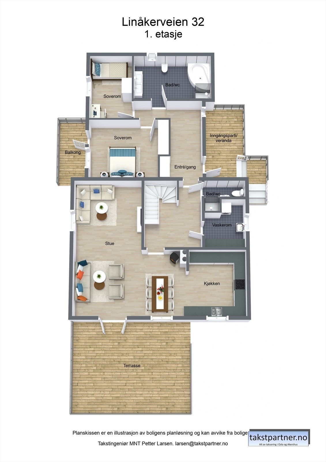 Plantegning 1. etasje: veranda, entré/gang, to bad/wc, to soverom, balkong, vaskerom, kjøkken og stue. Galleribilde