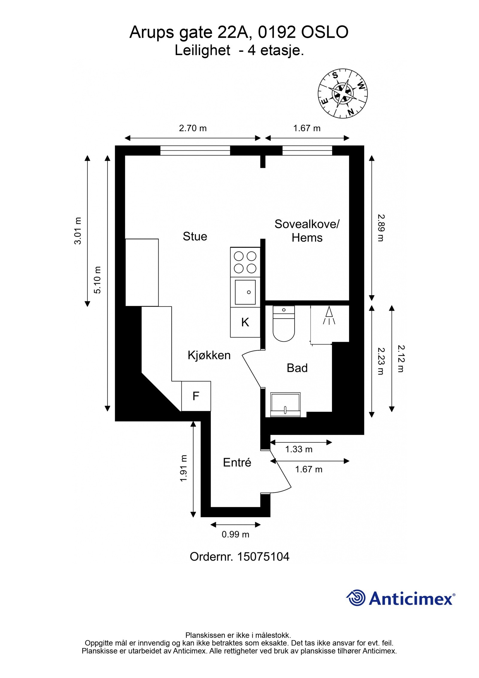 Plantegning 4. etasje. I tillegg disponerer leiligheten en kjellerbod på ca. 3m². Galleribilde