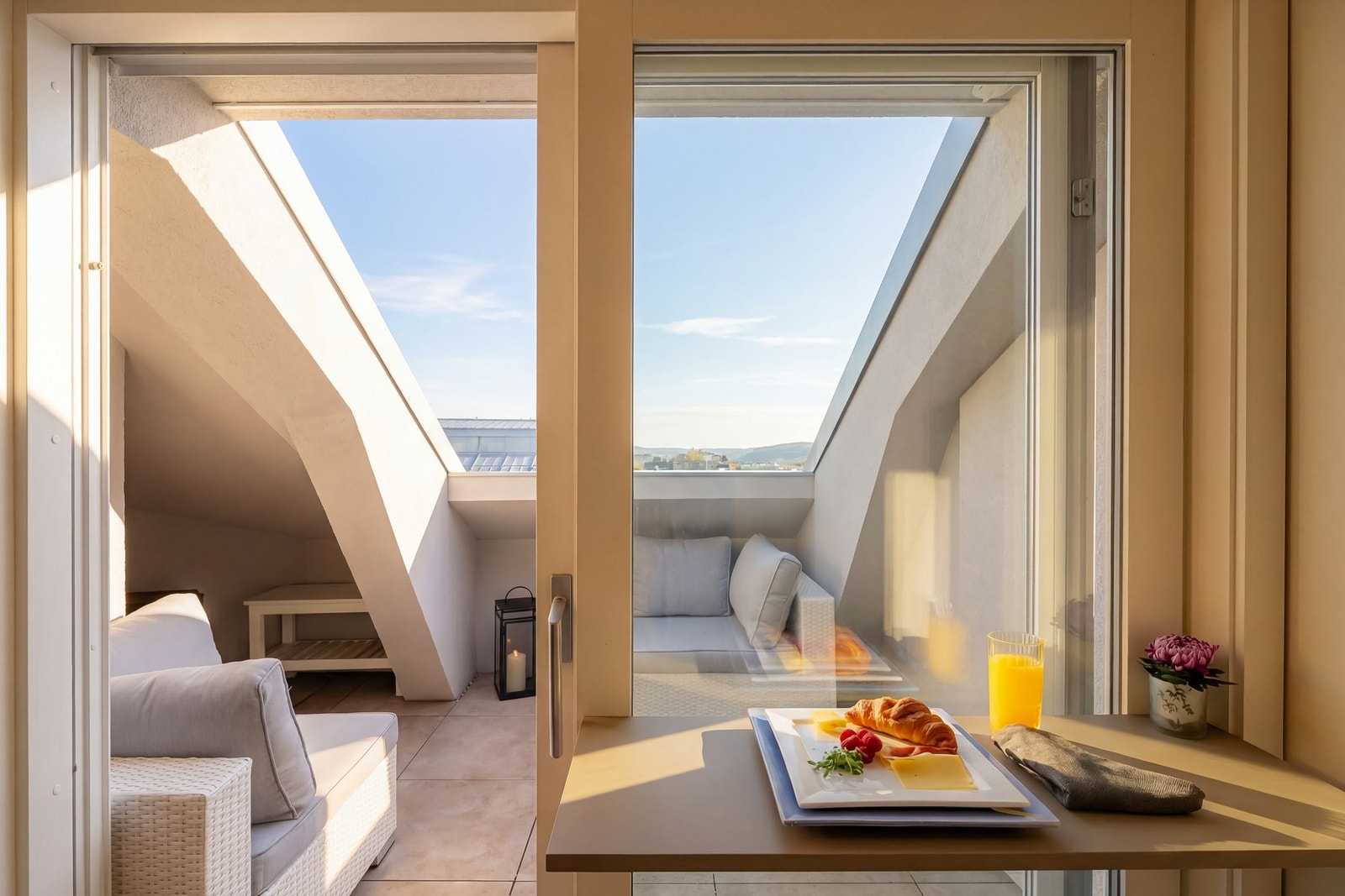 På sommerstid vil uteplassen oppleves som en ekstra stue, hvor skyvedøren for det meste vil stå åpen. Bildet er delvis AI-redigert grunnet værforhold. Utsikt og solforhold er representative, med mindre avvik. Galleribilde